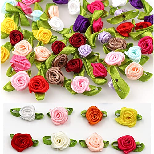 Mini Ribbon Roses, 100Pcs Artificial Fabric Flowers with Green Leaves Mixed Color Rosettes Mini Ribbon Roses for Crafts Sewing DIY Craft Decoration Wedding Festival Accessories (Mixed Color)