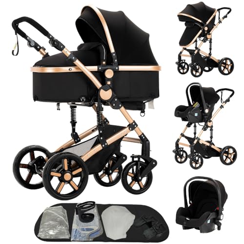 Poussette 3 en 1 convertible réversible | Châssis triangulaire & suspension double ressort | Pliage en un clic pour nouveau-nés et toddlers(Noir&Or)