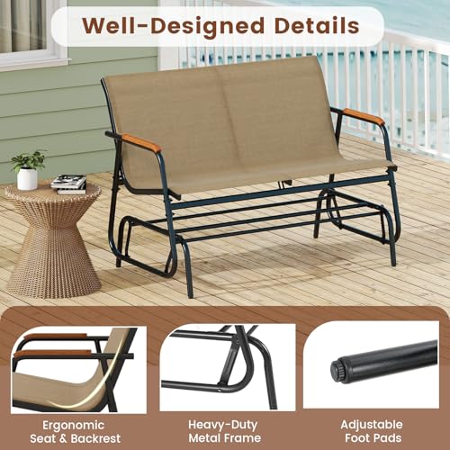 Image of Giantex Patio Glider Bench, 2-Person Swing Gliding Loveseat with Curved Teak Armrests, Fabric Seat, Metal Frame, Load 660lbs, Outdoor Rocking Chair for Porch, Yard, Poolside
