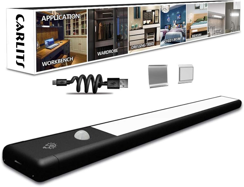 CARLITS LED Closet Light, Dimmable Motion Sensor Activated Under Counter/Cabinet Lighting USB Rechargeable 54 LEDs -4Modes Touch Switch-Magnetic Stick Night Bar for Stairs,Wardrobe,Kitchen,Bedroom