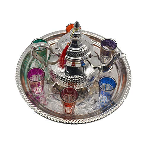 Set da tè modello Marocco, Teiera 1 litro più vassoio 38 cm diametro e 6 bicchieri tipici in vetro mod.macchi.