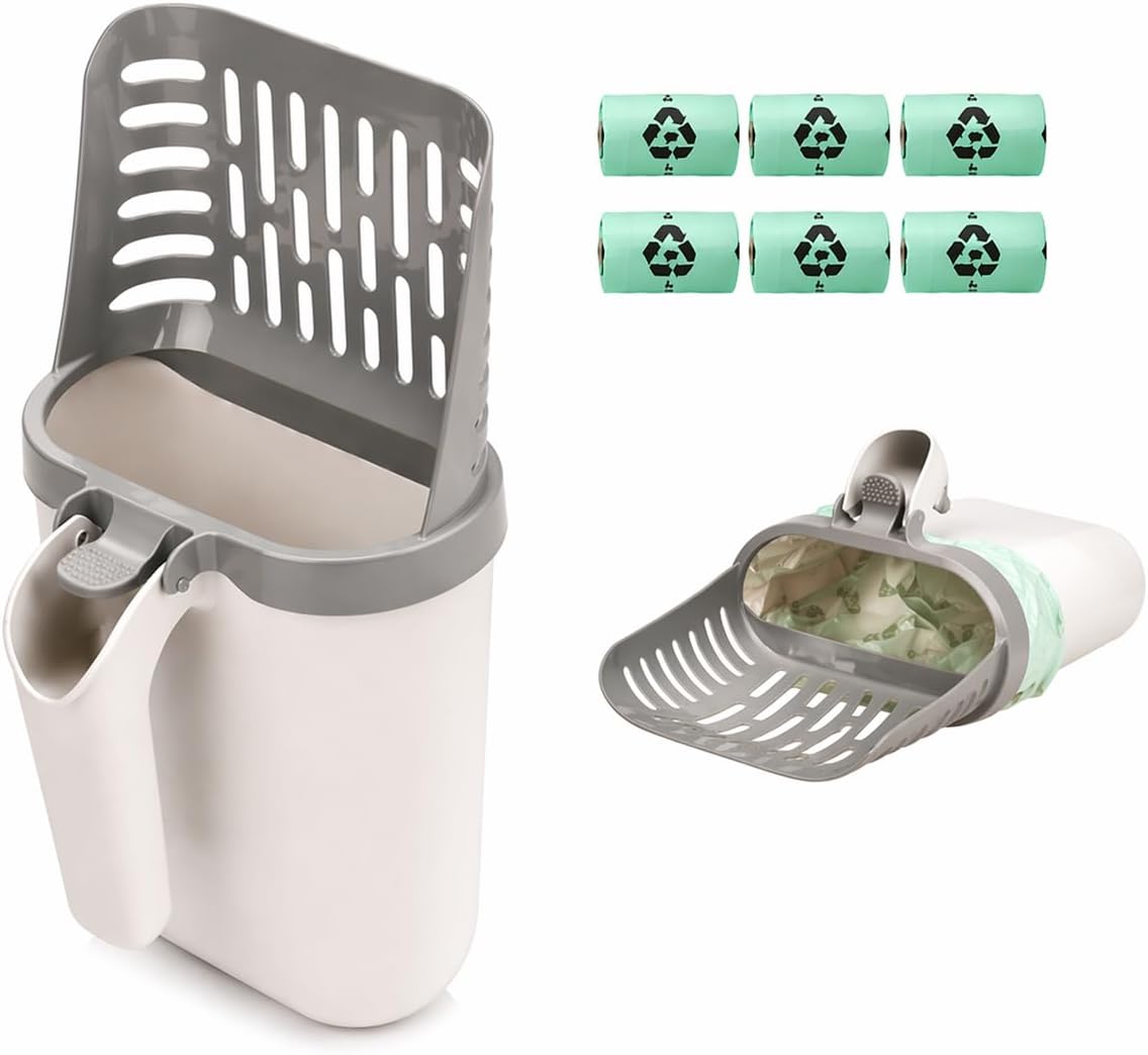 Cat Litter Scooper with Holder and 75 Count Waste Bags, Large Capacity Portable Cat Litter Shovel, Grey