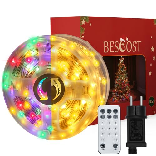BESCOST Lichterkette Außen 50M 500 LED, Warmweiß & Bunt Lichterkette...