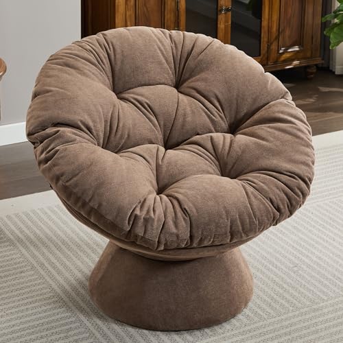 HRVEOCEI Modern Chenille Oversized Papasan Chair, 360 Swivel Bowl Chair with Comfortable Thick Density Fabric Cushion, Accent Barrel Chair for Living, Bedroom, Reading Room, Lounge (Brown)