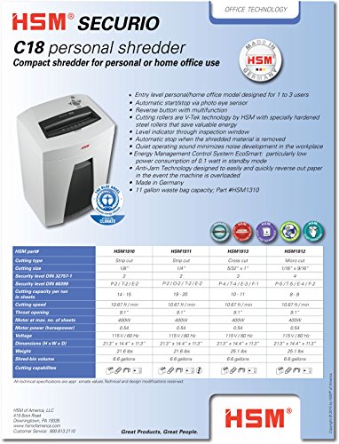 Hsm Securio C18S, 19-20 Sheet, Strip Cut, 6.6-Gallon Capacity Shredder #TOP1