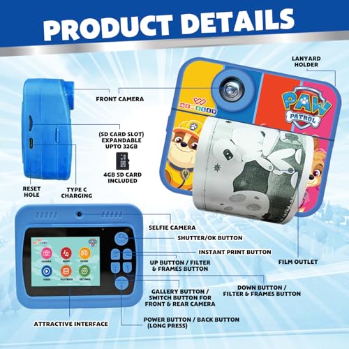 Image of Wembley DIY Instant Print Digital Camera for Kids 3+| Includes Print Rolls, 4GB SD Card & Strap| Fun Birthday Gift for Boys & Girls (Paw Patrol Theme)
