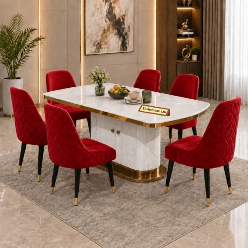 Image of 6-Seater Modern Elite Opal Storage Wooden Dining Table Set | 2 Year Warranty | Created Italian Statuario Marble Top | Elegant Composite Marble Table with 6 Chairs (Maroon)