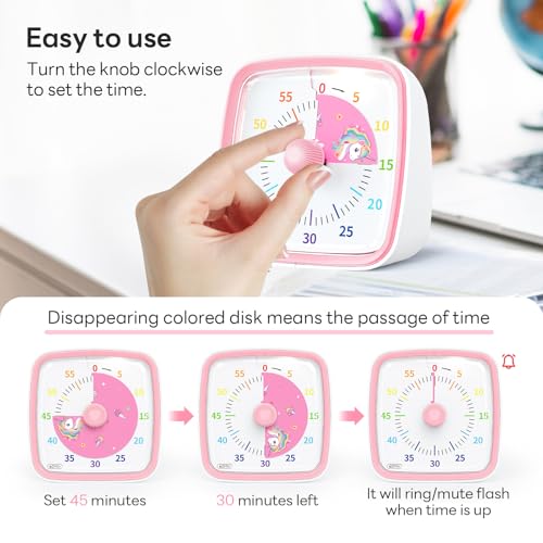 Image of Yunbaoit Visual Timer with Night Light, 60-Minute Unicorn Countdown Timer for Kids and Adults, Time Management Tool for Home, School, Kitchen, or Office (Pink)