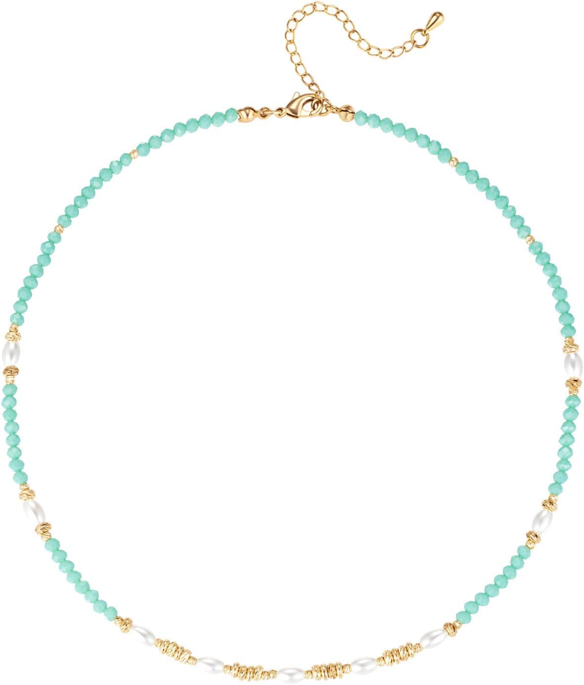 Green Beaded Necklace for Women Amazonite Necklace Boho Imitation White Pearl Choker Danity Adjustable 14K Gold Plated Necklace 15.5+2 Inch