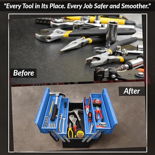 Image of Plantex Metal Tool Box /Tools Box With Large Capacity /Empty Tool Box /Tool Organizer For Carpenter, Garage, And Home Essential Tools - 5 Compartments - (Blue & Black)
