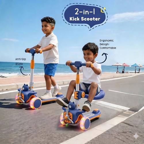Image of 2-in-1 Multi Mode Kick Scooter for 3-10 Years Old Kids | 3-Level Height Adjustable Handlebar | Music & PU LED Flashing Wheels | Foldable and Lightweight (KS-213 Blue /Orange)