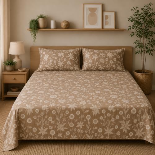 Image of Linen Home Cotton Percale Flat Bedsheet Set Queen Size Floral Light Brown