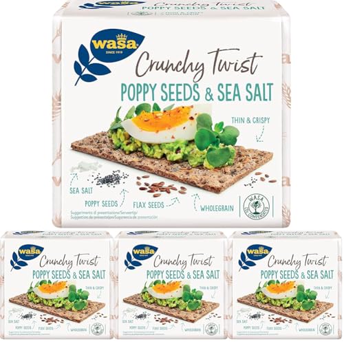 Wasa Crunchy Twist Poppy Seeds & Sea Salt, Cracker Integrali Ricchi di Fibre con Farina di Segale, Semi di Lino, Semi di Papavero e Sale Marino, Fette Sottili e Croccanti, Ideali come Snack, 245 g