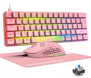 Mechanical Gaming Keyboard & Mouse Combo Set, RGB Backlit Keys, Dedicated Multi-Media Keys, Mini 60% Keyboard, Spill-Resistant, 6400dpi Programmable Gaming Mouse, Mice Pad, QWERTY UK Layout - Pink