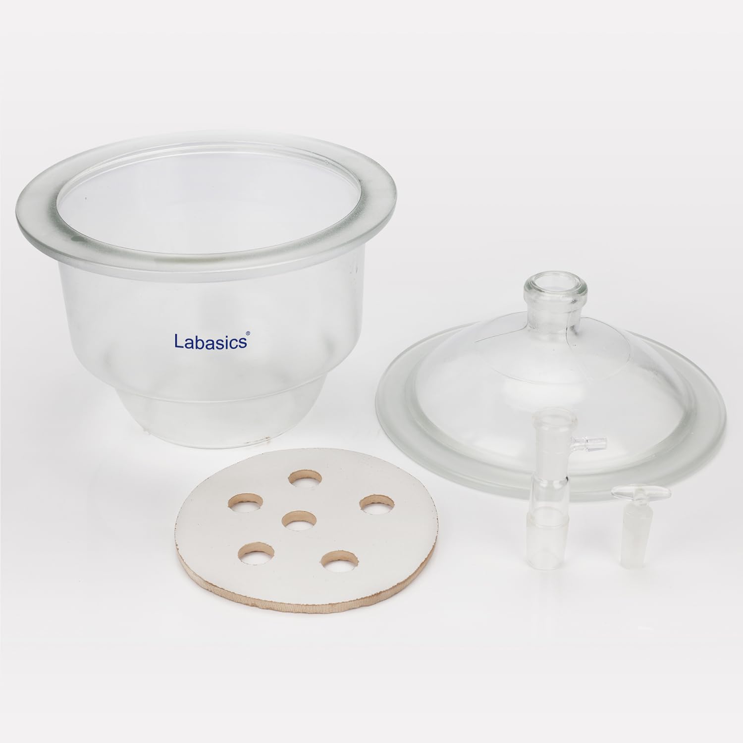 Labasics Desiccante Sottovuoto in Vetro, Desiccante Sottovuoto in Vetro con Valvola Sottovuoto in Vetro e Piatto in Porcellana per Ricerca di Laboratorio, 180 mm