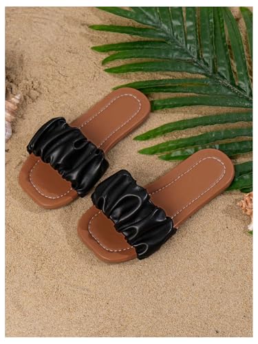 Image of GORGLITTER Girl's Ruched Single Band Chic Flats Square Open Toe Pu Leather Slide Sandals