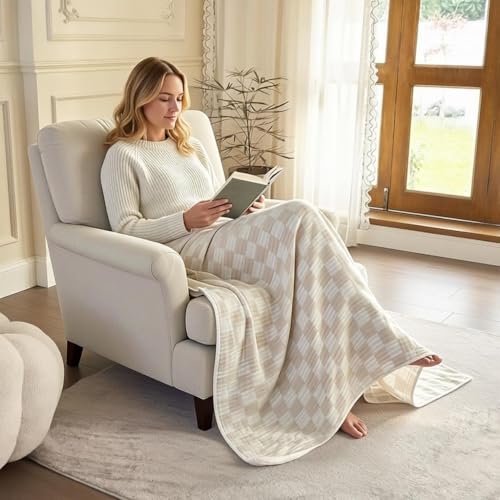 Image of SANACYNA 100% Cotton Muslin Blanket 6-Layer Gauze Cream Grid Cooling Blanket Lightweight Soft and Breathable Blanket for Sofa Couch Bed Coverlet Both Sides (Cream, Throw 50 inchx60 inch)