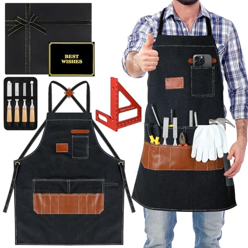 Geyoga 8 Pack Woodworking Apron for Men Father's Day Gift Canvas Apron with Tool Pockets and Woodworking Tool Set S-XXXL Adjustable Gifts for Men Dad Father Husband Him