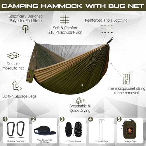 Image of Camping Hammock with Mosquito Net,Lightweight 210T Nylon Hammocks,Portable Hammock with 10ft Tree Straps,Camping Gear Must Haves for Travel Hiking Backpacking Beach Patio-Green&Khaki