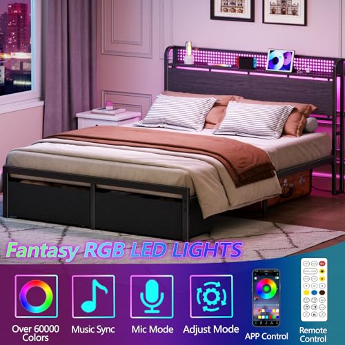 Image of Furnulem Full Size Bed Frame with Headboard Storage, Platform Bed Frame with Charging Station, 2 Drawers & LED Lights, No Box Spring Needed, Noise Free, Easy Assembly, Rustic Grey (1000 lbs Capacity)