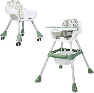 Mobiclinic®, High Chair, 2 in 1, Adjustable Height, Baby Highchair, Double Tray, Baby and Toddler Chair, 5-Point Safety Harness, Removable Wheels, Up to 35 kg, Forest, Storage Basket, 360º Wheels