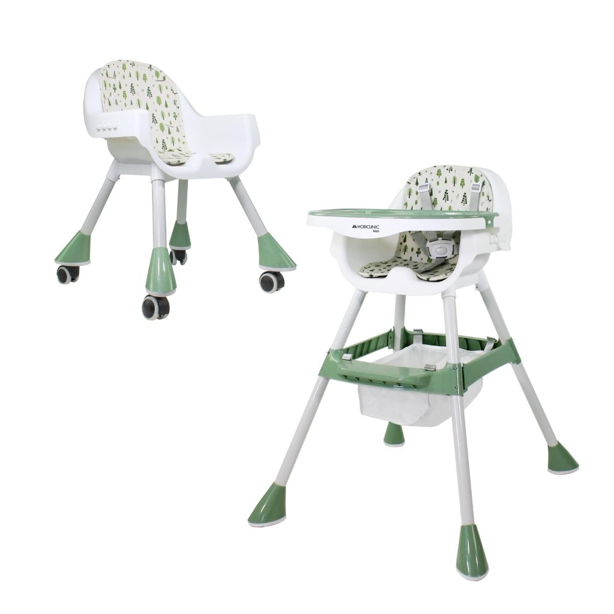 Mobiclinic® kids, Trona evolutiva, 2 en 1, Altura ajustable, Doble bandeja, 6 meses - años, Forest, Arnés de seguridad 5 puntos, Ruedas extraíbles, Hasta 35 kg, Cesta almacenamiento, 360º
