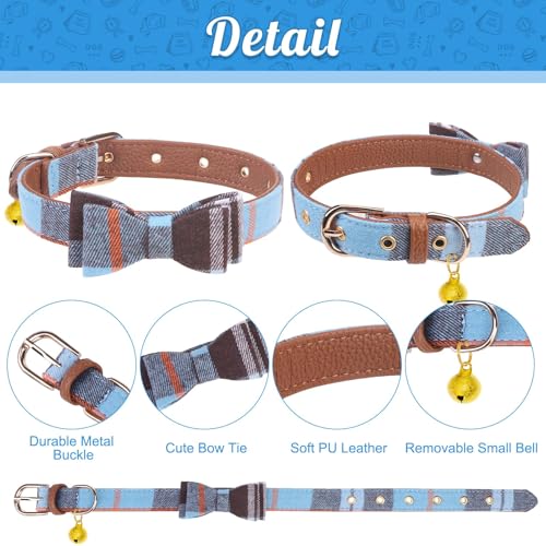 Image of EXPAWLORER Dog Collar and Leash Set - Classic Plaid Dog Collar with Bow Tie and Cute Bell, Dog Leash No Tangle, Adjustable Dog Collar for Small Medium Dogs Cats, Holiday Ideal Gift, Skyblue S