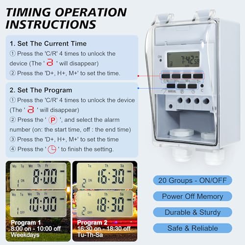 Goldlife Waterproof Programmable Timer Switch for Outdoor Indoor, Heavy Duty KG316T-F Digital Program Timer Controller 20 ON/Off Cycle 7-Day and 24-Hour 40A 110V, for Christmas/Light/Fountain Aerator - Thumbnail 4