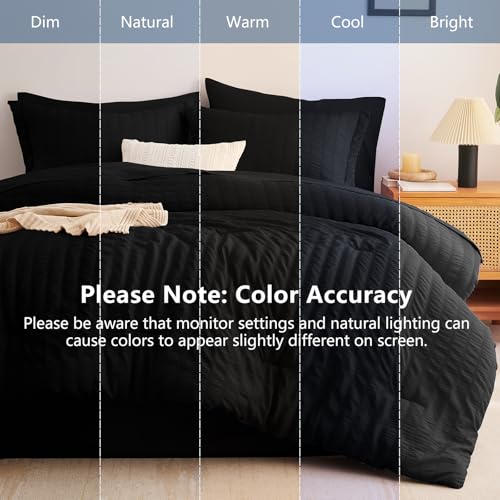Image of CozyLux Oversized King Comforter Set with Sheets, 7 Pieces 120 inchx98 inch Black Seersucker Bed in a Bag, Luxury Soft Bedding Set with Down Alternative Comforter, Sheets, Pillowcases & Shams, Bedroom Bed Set