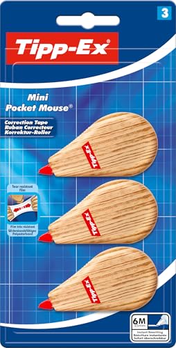 Tipp-Ex Cinta Correctora Mini Pocket Mouse – Óptimo para Material Escolar - 6 m x 5 mm, Pack de 3, Color Madera