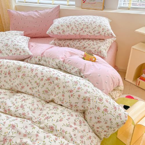 LifeTB Pink Floral Duvet Cover Set Twin Garden Style Aesthetic Flower Duvet Cover Soft 100% Cotton Girls Cottagecore Bedding Set Vintage Floral Botanical Comforter Cover with Zipper Closure by LifeTB - Used condition - Image 2