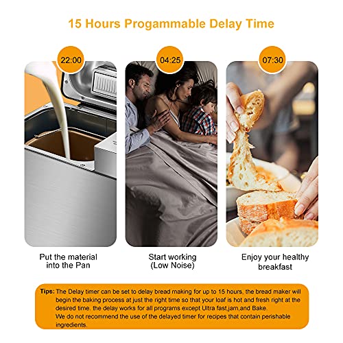 Brotbackautomat Vollautomatische, 650W Edelstahl Brotbackmaschine 19 Programmen Nuss-Spender mit Timer und Warmhaltefunktion 34 * 21 * 31cm – Bild 7