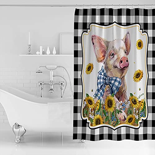 Farm Pig Shower Curtain, Stall Shower Curtains For Bathroom/Bathtub, Farmhouse Black And White Plaid Summer Sunflower Waterproof Fabric Shower Curtain Set With 12 Hooks, 48" X 72" #TOP1