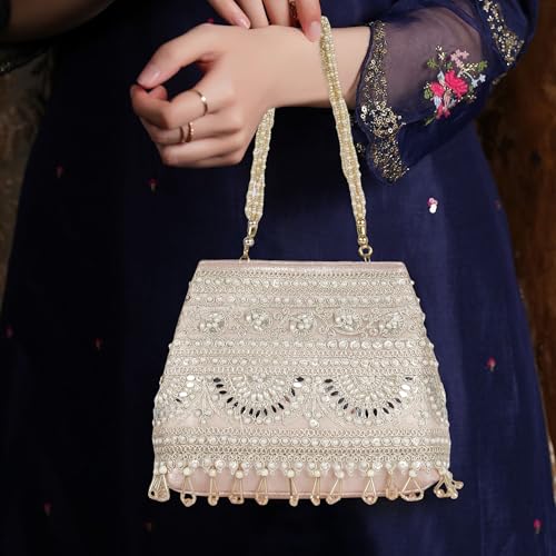 Image of Nevis Stylish Embroidery Unique Design Traditional Wedding Party Handheld Potli Bag For Women (PINK)