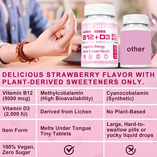 Sugar-Free Vitamin B12 Methylcobalamin 5000 Mcg + D3 2000 Iu Sublingual Fast Dissolve Tablets For Energy Boost, Red Blood Cells, Bone & Heart Health Support- Vegan, Strawberry Flavor, 180 Tablets #TOP6