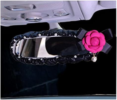 LuckySHD Black Pu Leather Car Rearview Mirror Cover with Camellia Flowers Decor Car Accessory