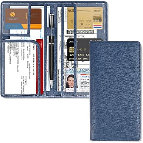 Sanlykate Car Registration and Insurance Documents Wallet Holder, Premium PU Leather Vehicle Glove Box Paperwork Compartment Organizer for Auto Drivers License, ID, Information Cards, Key, Navy Blue Cover