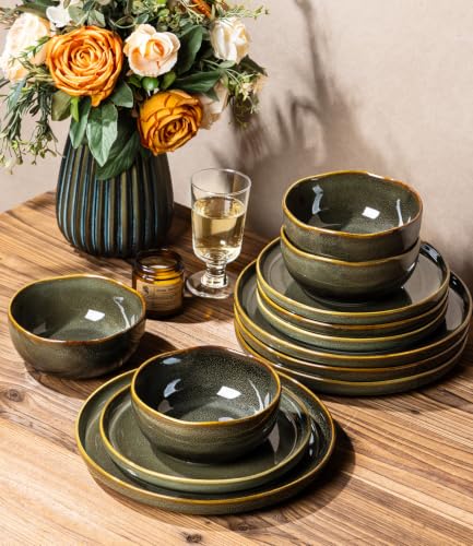 Image of TheTerra Ceramic Dinnerware Sets for 4, 12 Pieces Porcelain Lightweight Plates and Bowls Sets, Scratch Resistant Dish Set, Oven & Microwave & Dishwasher Safe, Olive Moss