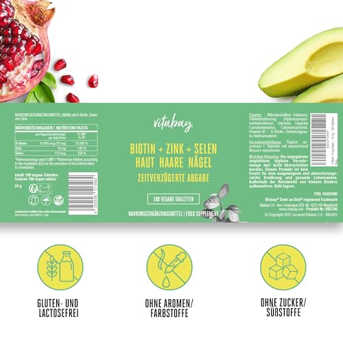 Vitabay Biotin Hochdosiert 10000mcg 180 Tabletten Time Released & Vegan - Haar Vitamine Hair Vitamins Biotin Haare Zink Selen Haut Haare Nägel Kapseln - Haarvitamine für Frauen Tabletten