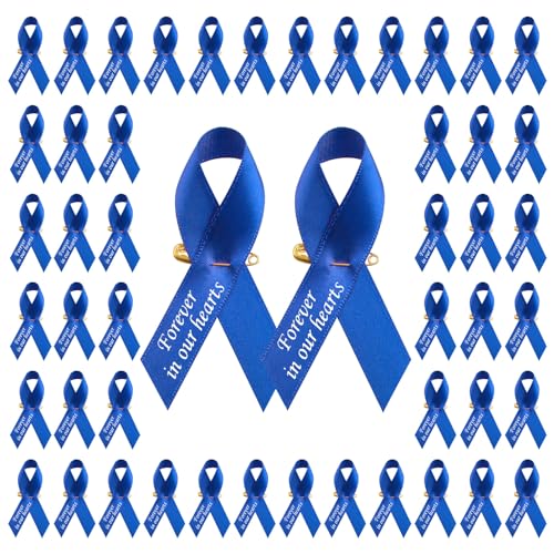 CRAFFANCY 100pcs Blue Ribbon Pins Prostate Cancer Awareness Badges Colon Cancer Brooch Memorial Ribbon Badges in Forever in Our Hearts for Funeral Mourning Event Bereavement Remembrance