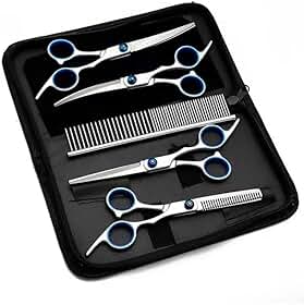 Kit de Tesouras Profissionais 7 em 1 para Cães e Gatos Banho e Tosa Inox com Pente(Azul)