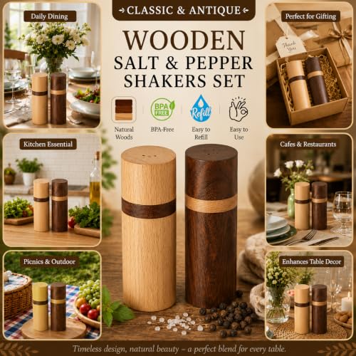 Image of Exclusive Wooden Elegant Salt & Pepper Shaker in Brown - Salt and Pepper Mixer Table Top Dinning Table Accessories (Set of 2)