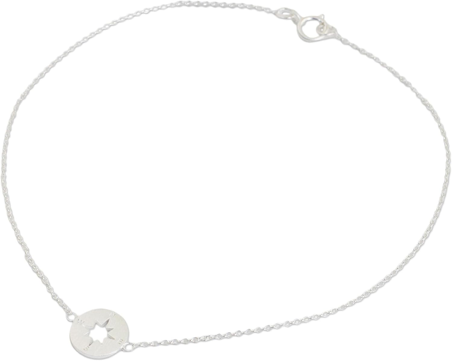 NOVICA Artisan Handcrafted Sterling Silver Anklet Brushed from Thailand Charm [9.75 in L 2 mm W Medallion 0.4 in Diam.] ' Compass'