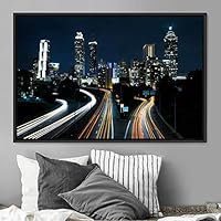 Framed Canvas Wall Art City Illuminations Aerial Cityscape Contemporary Multicolor Photography Places Realism - 16x24 inches