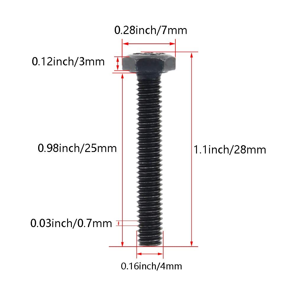 M4 x 25mm Carbon Steel Grade 8.8 External Hex Head Screw Bolts Metric Thread Hexagon Bolts Fastener, 28 x 7 x 7mm (Lx W x H) for Machinery Furniture Hardware Black 100pcs