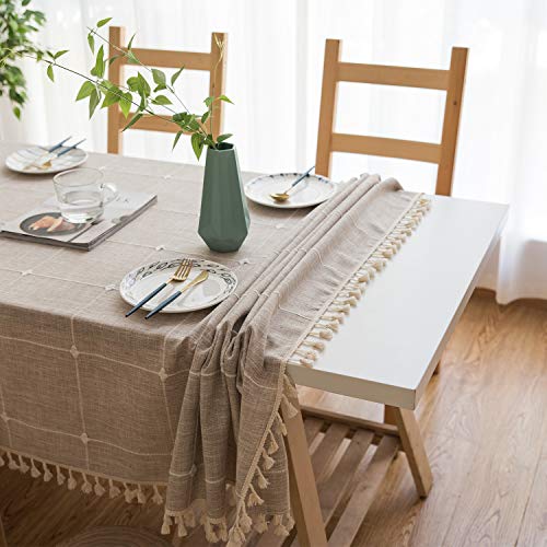 Mokani Washable Cotton Linen Solid Embroidery Checkered Design Tablecloth, Rectangle Table Cover Great for Kitchen Dinning Tabletop Buffet Decoration (55 x 94 Inch, Brown)