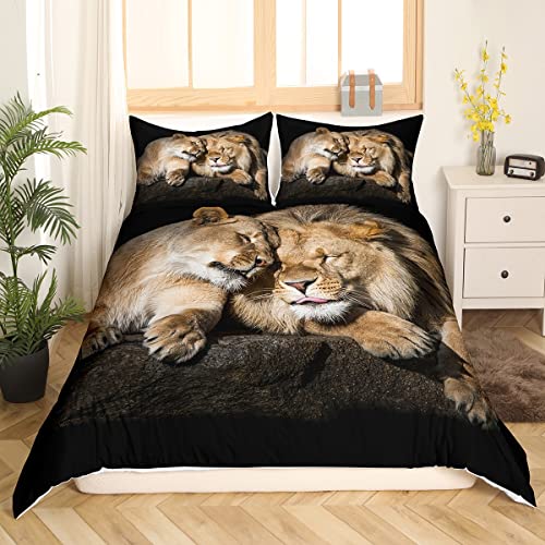 Homewish Lion Duvet Cover Set Wild Lion Couple Print Bedding Set 3Pcs For Kids Boys Teens 3D Animal Theme Comforter Cover African Wildlife Quilt Cover With 2 Pillowcases (No Comforter) King Size #TOP2