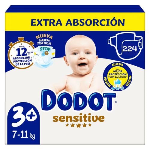 Dodot Sensitive Talla 3+ Extra Absorción (7-11 kg) – Megapack 224 Pañales + 64 Toallitas Dodot Dermo Gratis