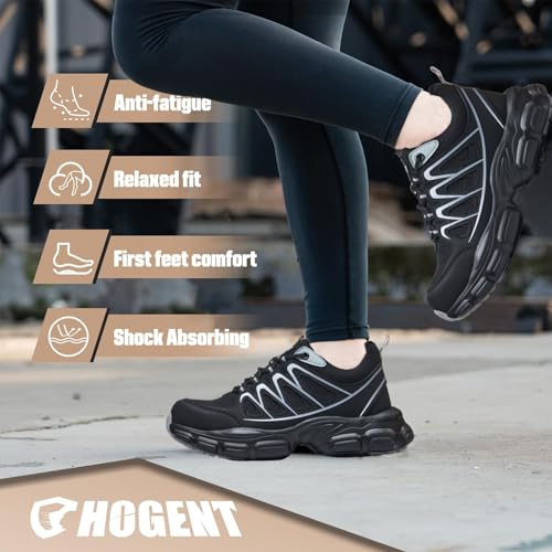 Image of Hogent Steel Toe Shoes for Women Men Wide Non Slip Work Sneakers Indestructible Shoes Lightweight Breathable Construction Sneakers Puncture Proof Ergonomic Design