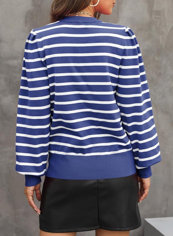 Dokotoo Women's Striped Sweaters Puff Long Sleeve Crewneck Ribbed Knit Pullover Jumper Tops - Image 2